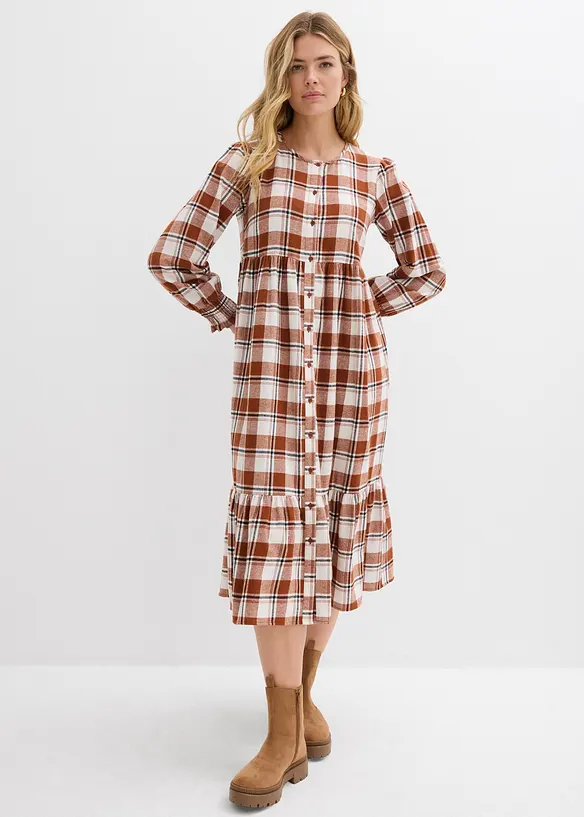 Flanell-Midikleid aus reiner Baumwolle in braun von vorne (Totalaufnahme) - bonprix