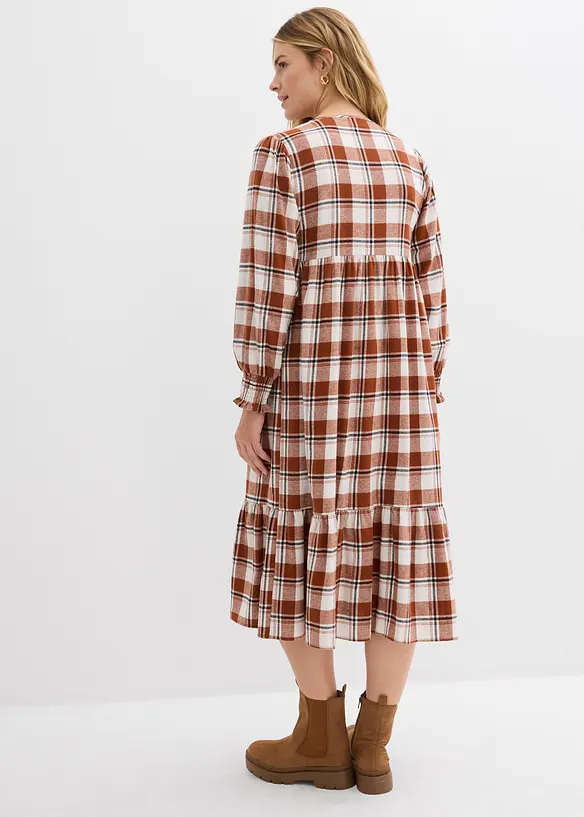 Flanell-Midikleid aus reiner Baumwolle in braun von hinten (Totalaufnahme) - bonprix