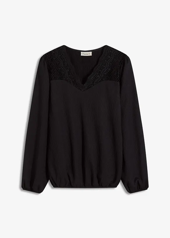 Langarmshirt mit Spitze in schwarz von vorne - bonprix Langarmshirt mit Spitze in schwarz von vorne - bonprix