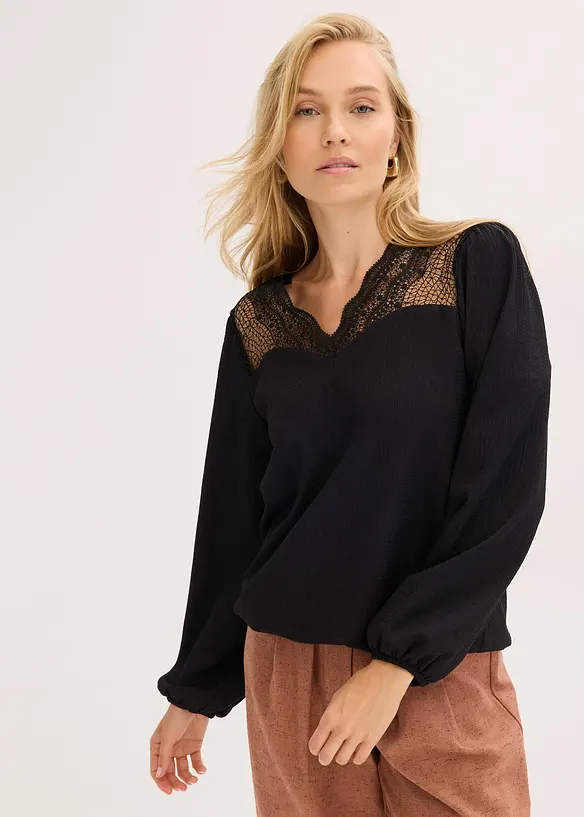 Langarmshirt mit Spitze in schwarz von vorne (im Anschnitt) - bonprix Langarmshirt mit Spitze in schwarz von vorne (im Anschnitt) - bonprix