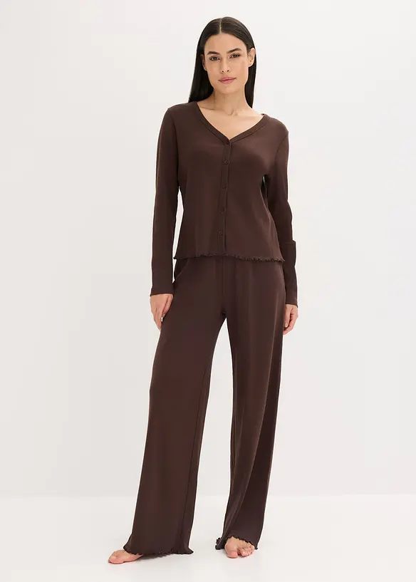 Pyjama aus Rippe mit Knopfleiste in braun von vorne (Totalaufnahme) - bonprix