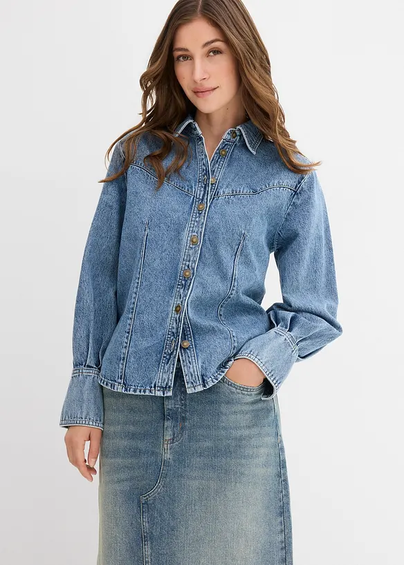 Jeansbluse aus reiner Baumwolle in blau von vorne (im Anschnitt) - bonprix Jeansbluse aus reiner Baumwolle in blau von vorne (im Anschnitt) - bonprix