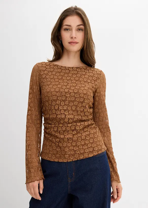 Langarmshirt aus Spitze in braun von vorne (im Anschnitt) - bonprix