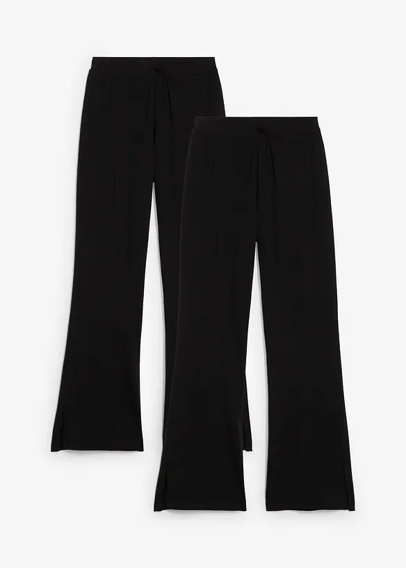 Ausgestellte Jersey-Hose aus elastischem Bio-Baumwoll-Mix (2er Pack) in schwarz von vorne - bonprix