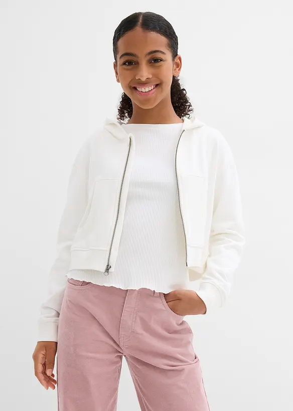 Kapuzen-Sweatjacke aus reiner Bio-Baumwolle in weiß von vorne (im Anschnitt) - bonprix