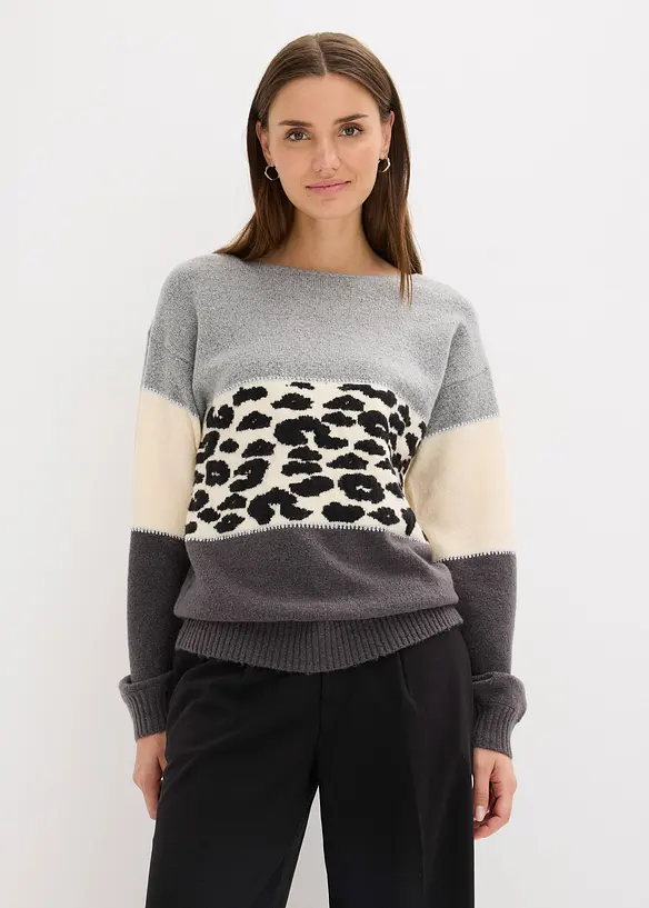 Oversize-Pullover mit U-Boot-Ausschnitt in grau von vorne (im Anschnitt) - bonprix