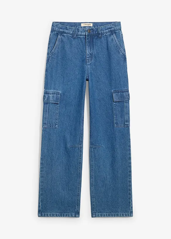 Loose Fit Cargo-Jeans mit verstellbarem Bund, Straight in blau von vorne - bonprix