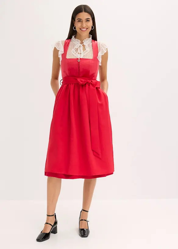 Dirndl mit Samt in Midilänge (2-tlg.Set) in rot von vorne (Totalaufnahme) - bonprix