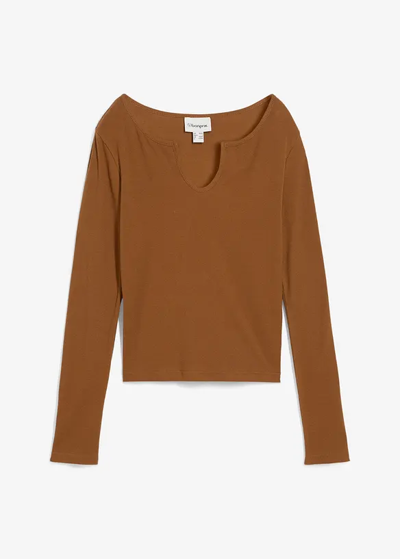Kurzes Rippshirt mit reiner Bio-Baumwolle in braun von vorne - bonprix