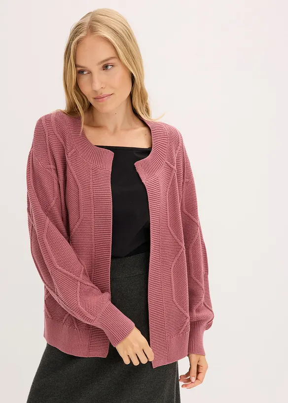 Strickjacke mit Zopfmuster in lila von vorne (im Anschnitt) - bonprix Strickjacke mit Zopfmuster in lila von vorne (im Anschnitt) - bonprix