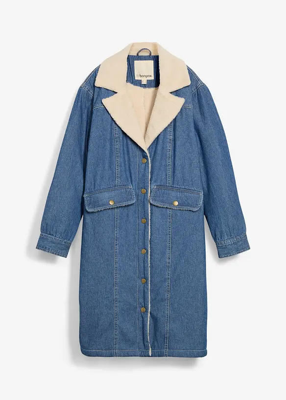 Denim-Wintermantel, warm gefüttert mit Teddy in blau von vorne - bonprix
