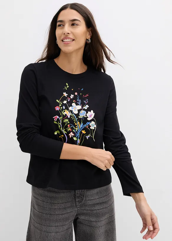 Langarmshirt aus reiner Bio-Baumwolle in schwarz von vorne (im Anschnitt) - bonprix