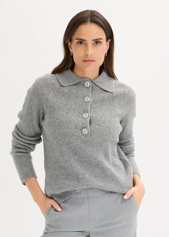 Polo-Pullover mit Wollanteil in grau von vorne (im Anschnitt) - bonprix Polo-Pullover mit Wollanteil in grau von vorne (im Anschnitt) - bonprix
