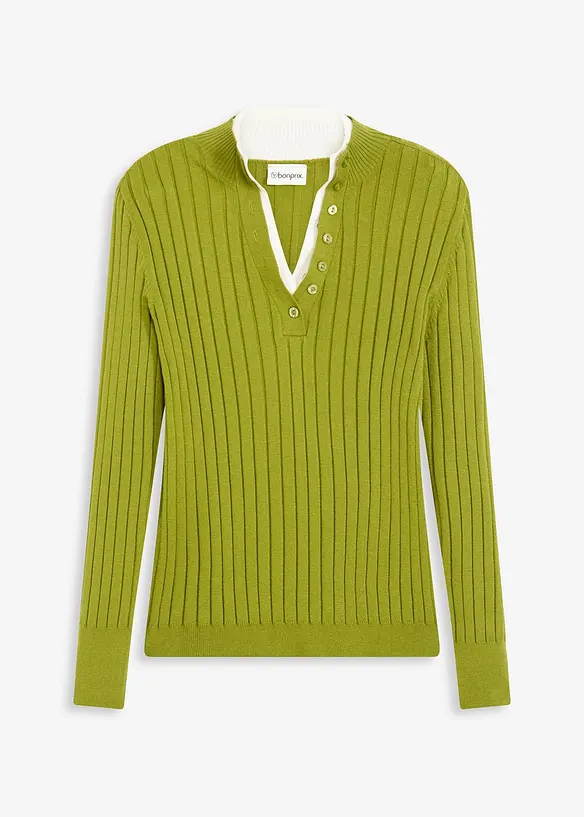 Gerippter Feinstrickpullover mit Viskose in 2 in 1 Optik in grün von vorne - bonprix Gerippter Feinstrickpullover mit Viskose in 2 in 1 Optik in grün von vorne - bonprix