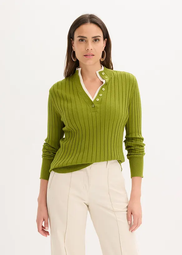 Gerippter Feinstrickpullover mit Viskose in 2 in 1 Optik in grün von vorne (im Anschnitt) - bonprix Gerippter Feinstrickpullover mit Viskose in 2 in 1 Optik in grün von vorne (im Anschnitt) - bonprix