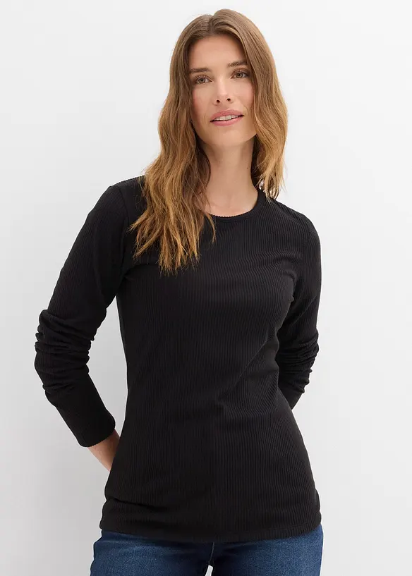 Geripptes Thermoshirt in schwarz von vorne (im Anschnitt) - bonprix Geripptes Thermoshirt in schwarz von vorne (im Anschnitt) - bonprix