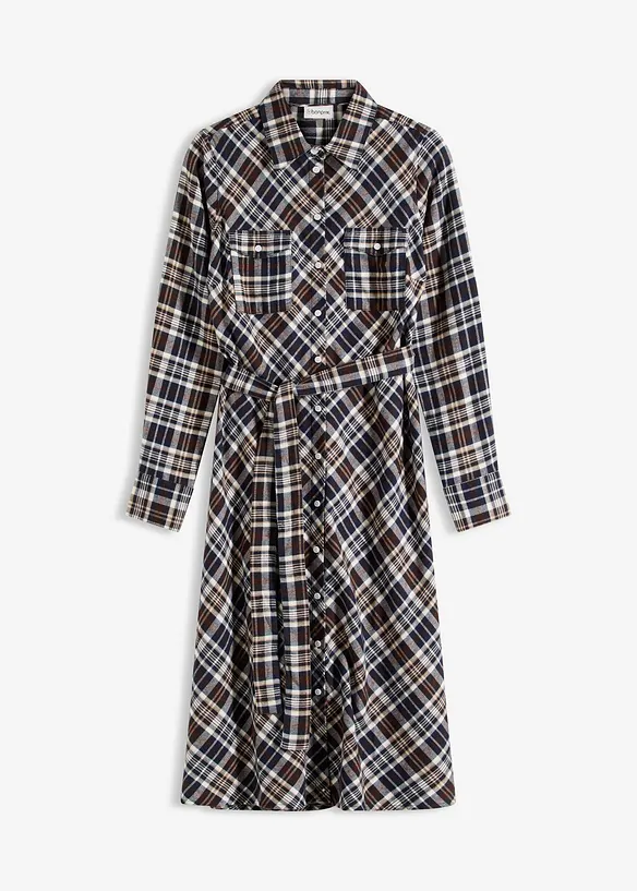 Flanell-Hemdblusenkleid aus reiner Baumwolle in weiß von vorne - bonprix Flanell-Hemdblusenkleid aus reiner Baumwolle in weiß von vorne - bonprix