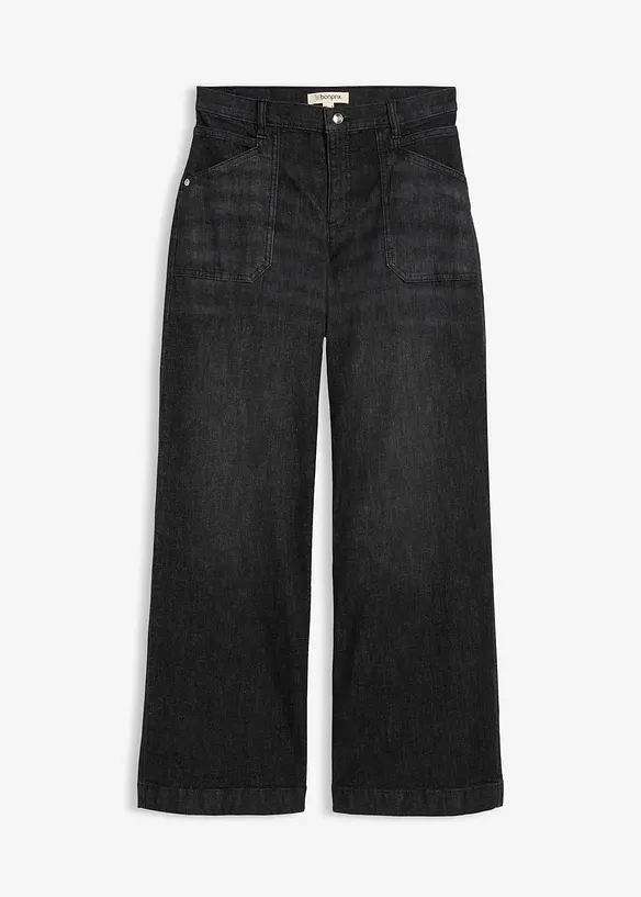 Wide-Leg-Jeans Mid Waist mit aufgesetzten Taschen in schwarz von vorne - bonprix