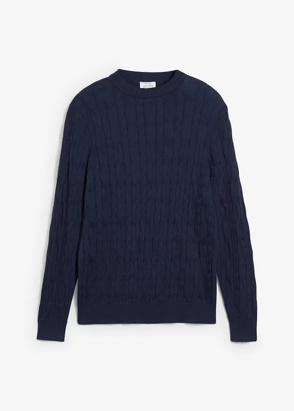 Feinstrickpullover mit Zopfmuster in blau von vorne - bonprix