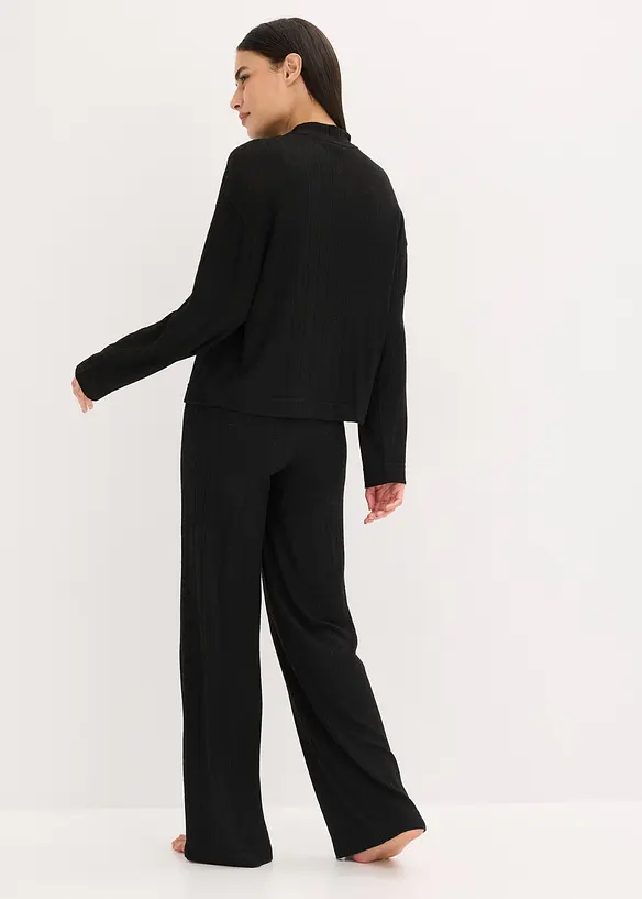 Weit geschnittener Loungewear Hausanzug aus weicher Rippe in schwarz von hinten (Totalaufnahme) - bonprix