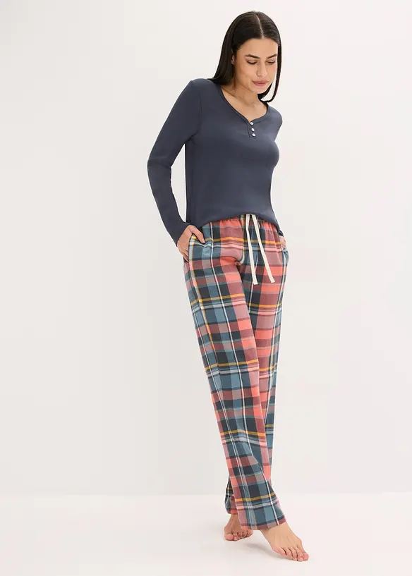 Pyjama mit Rippshirt und Flanellhose aus Glitzergarn in blau im Look von vorne (Totalaufnahme) - bonprix