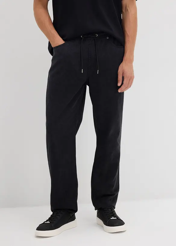 Relaxed-Fit Schlupfhose aus reinem Baumwoll-Twill, Tapered in schwarz von vorne - bonprix