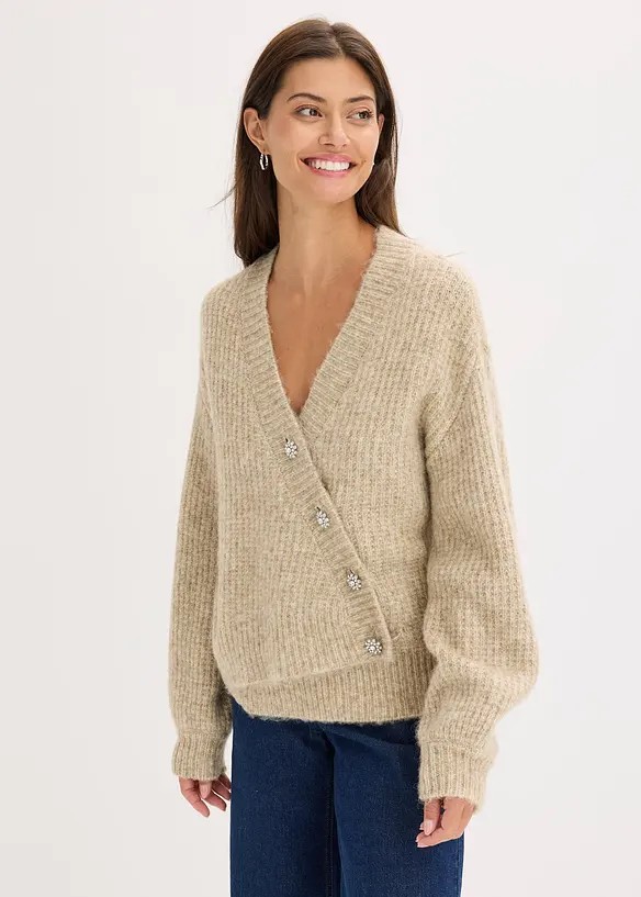 Grobstrickjacke aus weichem Wollmix in beige von vorne (im Anschnitt) - bonprix