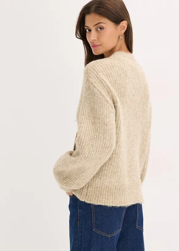 Grobstrickjacke aus weichem Wollmix in beige von hinten (im Anschnitt) - bonprix