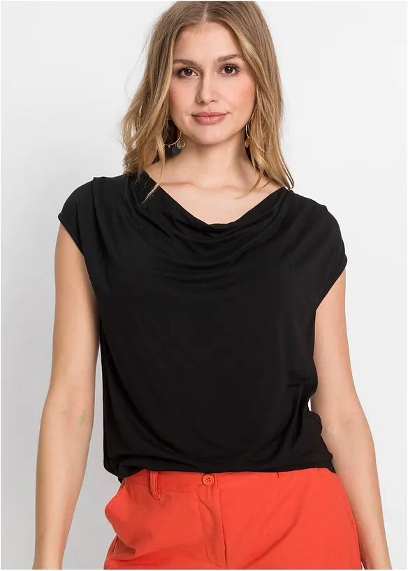 Wasserfall-Shirt aus fließendem Viskose-Mix in schwarz von vorne (im Anschnitt) - bonprix Wasserfall-Shirt aus fließendem Viskose-Mix in schwarz von vorne (im Anschnitt) - bonprix
