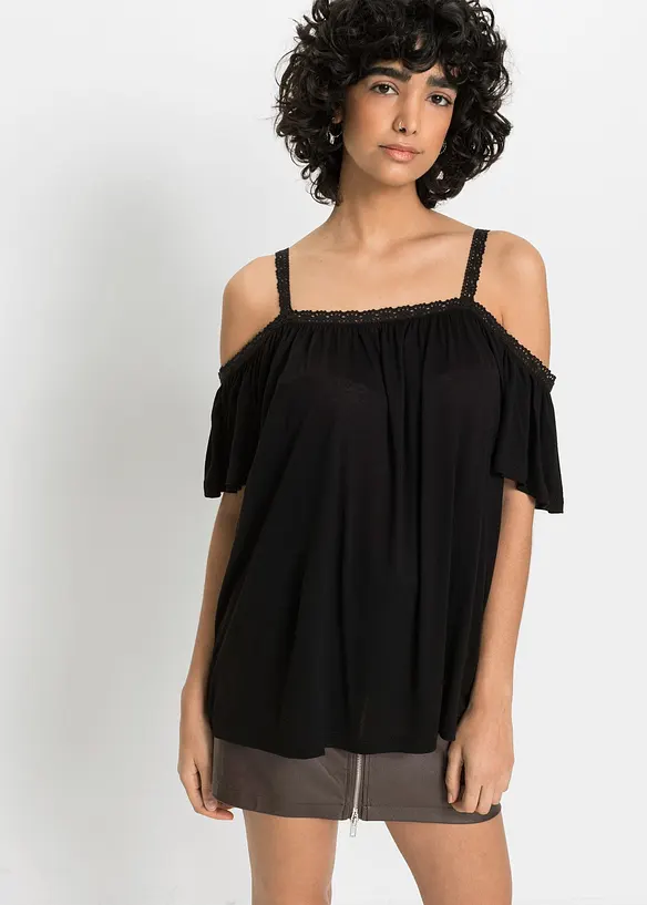 Cold-Shoulder-Shirt aus softer Viskose in schwarz von vorne (im Anschnitt) - bonprix