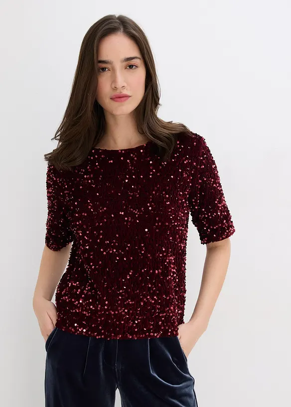 Pailletten-Shirt aus softem Samt in rot von vorne (im Anschnitt) - bonprix