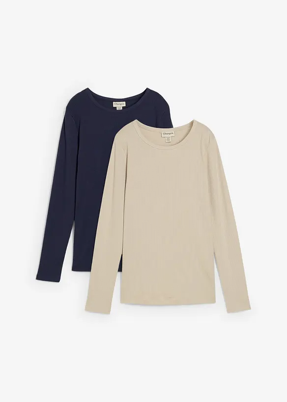 Gerippte Umstandsshirts aus reiner Baumwolle (2er Pack) in grau von vorne - bonprix