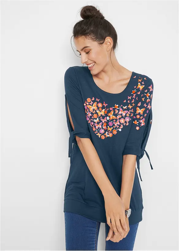 Baumwoll-Shirt, halbarm in blau von vorne (im Anschnitt) - bonprix Baumwoll-Shirt, halbarm in blau von vorne (im Anschnitt) - bonprix