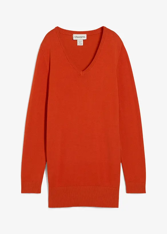 Feinstrick Longpullover mit V-Ausschnitt in orange von vorne - bonprix