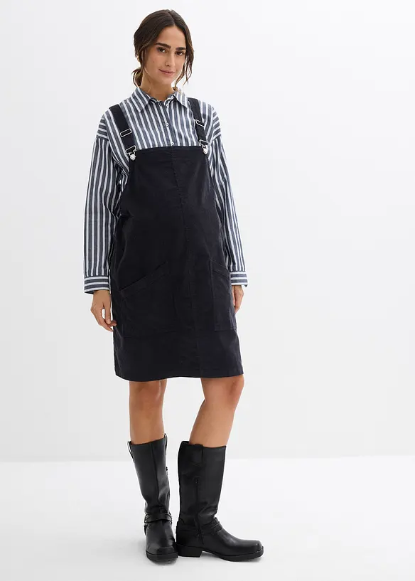Umstands-Latzkleid aus Baumwoll-Cord mit Stretch in grau von vorne (Totalaufnahme) - bonprix