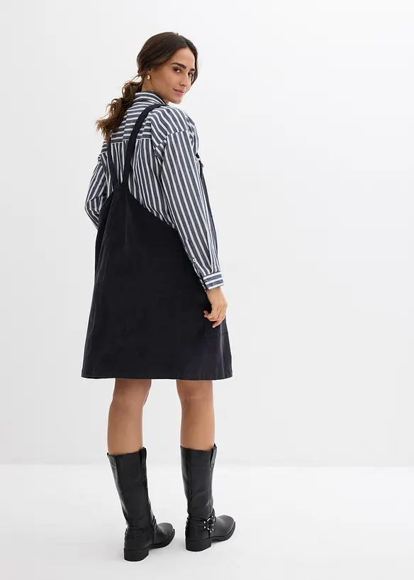 Umstands-Latzkleid aus Baumwoll-Cord mit Stretch in grau von hinten (Totalaufnahme) - bonprix
