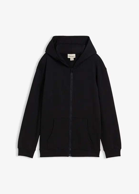 Kapuzen-Sweatjacke aus weichem Bio-Baumwoll-Mix in schwarz von vorne - bonprix