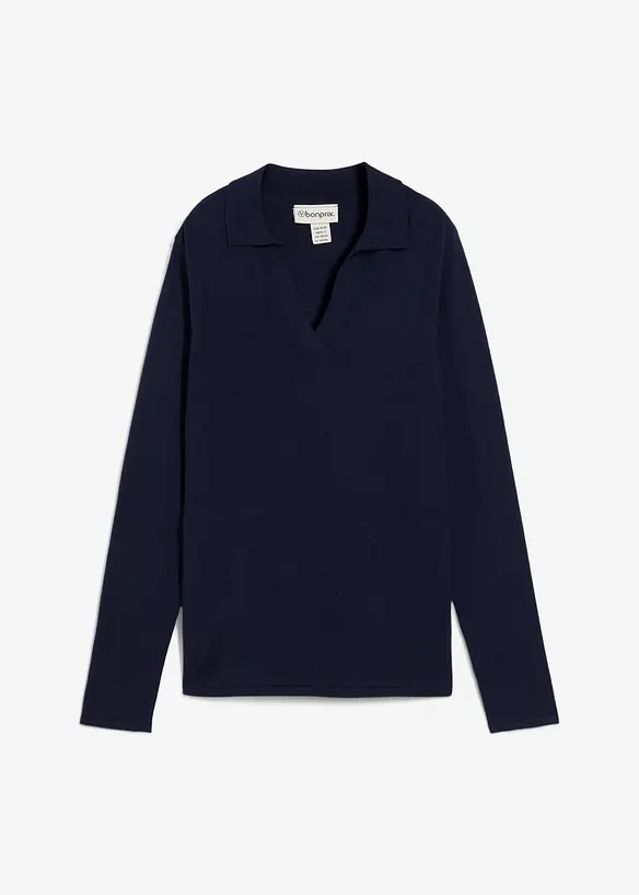 Strick-Poloshirt aus feiner Viskose in blau von vorne - bonprix Strick-Poloshirt aus feiner Viskose in blau von vorne - bonprix