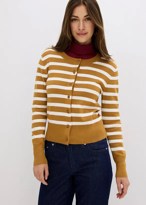 Feinstrick-Cardigan mit Streifen in braun von vorne (im Anschnitt) - bonprix Feinstrick-Cardigan mit Streifen in braun von vorne (im Anschnitt) - bonprix