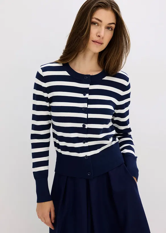 Feinstrick-Cardigan mit Streifen in blau von vorne (im Anschnitt) - bonprix Feinstrick-Cardigan mit Streifen in blau von vorne (im Anschnitt) - bonprix