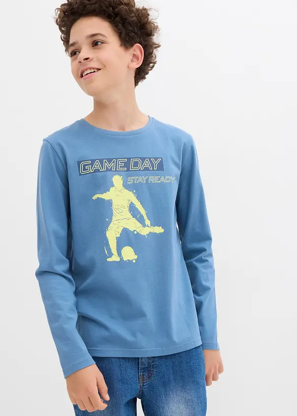 Langarmshirt aus reiner Bio-Baumwolle in blau von vorne (im Anschnitt) - bonprix