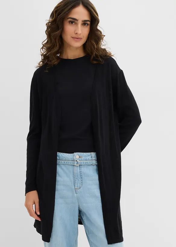 Longstrickjacke, offen in schwarz von vorne (im Anschnitt) - bonprix Longstrickjacke, offen in schwarz von vorne (im Anschnitt) - bonprix
