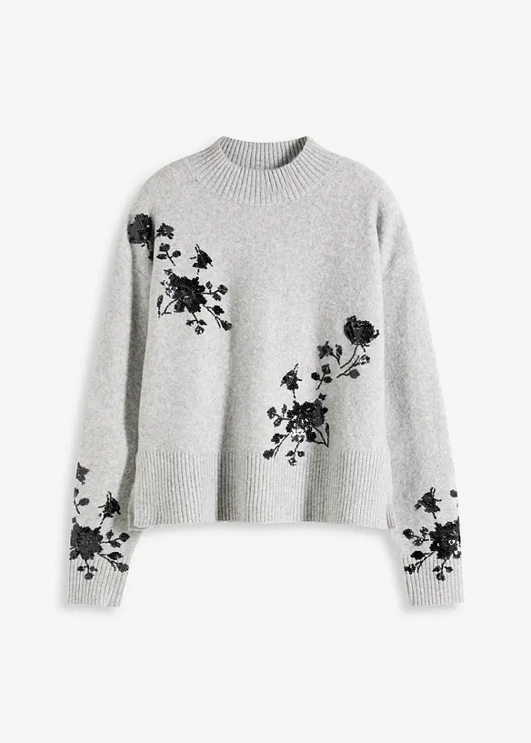 Pullover mit Paillettenstickerei in grau von vorne - bonprix Pullover mit Paillettenstickerei in grau von vorne - bonprix