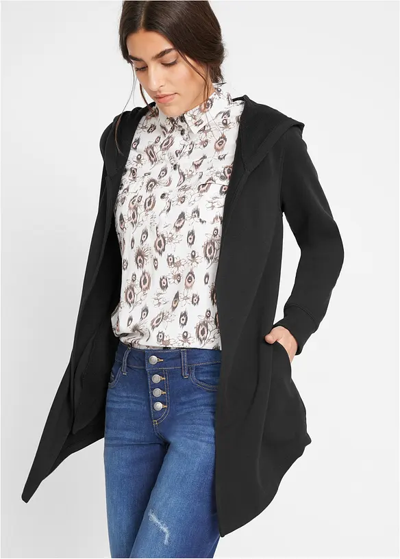 Long-Sweatjacke aus Baumwoll-Mix in schwarz von vorne (im Anschnitt) - bonprix