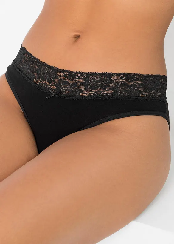 Slip mit weicher Baumwolle und Spitze (5er Pack) in schwarz von vorne - bonprix