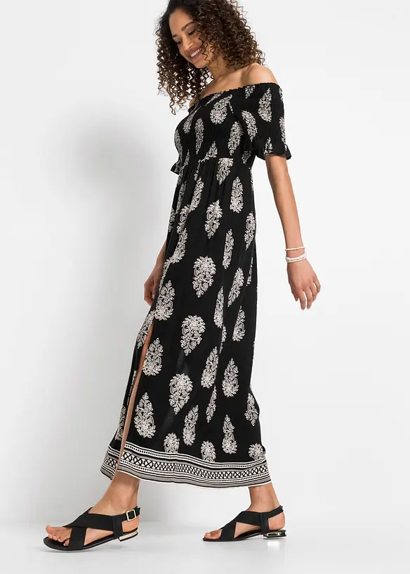 Carmen-Kleid aus fließender Viskose in schwarz von vorne (Totalaufnahme) - bonprix Carmen-Kleid aus fließender Viskose in schwarz von vorne (Totalaufnahme) - bonprix