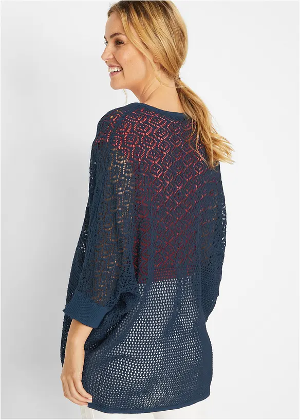 Longstrickjacke mit Lochmuster in blau von hinten (im Anschnitt) - bonprix Longstrickjacke mit Lochmuster in blau von hinten (im Anschnitt) - bonprix