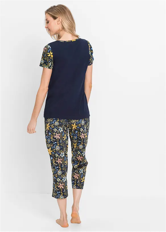 Capri Pyjama mit kurzen Ärmeln aus reiner Baumwolle in blau von hinten (Totalaufnahme) - bonprix