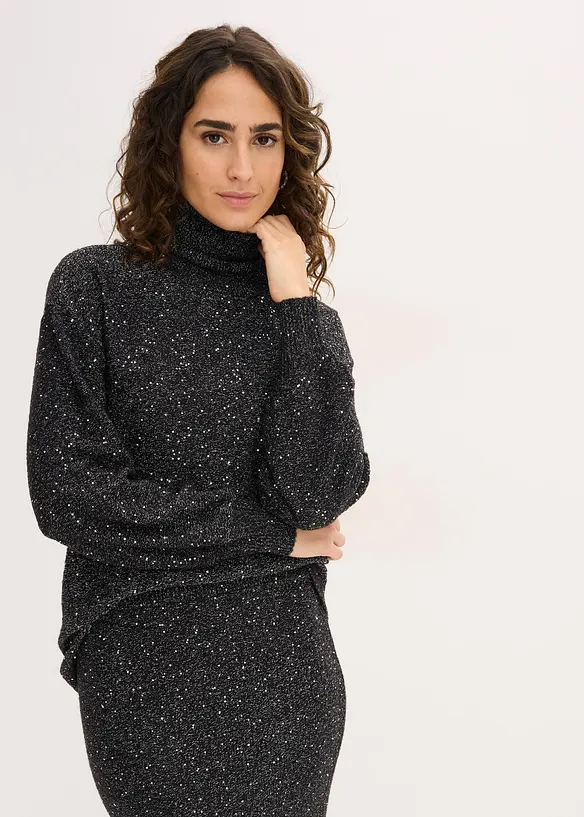 Pullover mit Rollkragen und Pailletten in schwarz von vorne (im Anschnitt) - bonprix