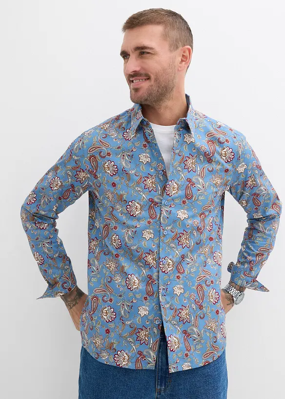Business-Hemd aus Baumwoll-Popeline in Slim Fit in blau von vorne (im Anschnitt) - bonprix